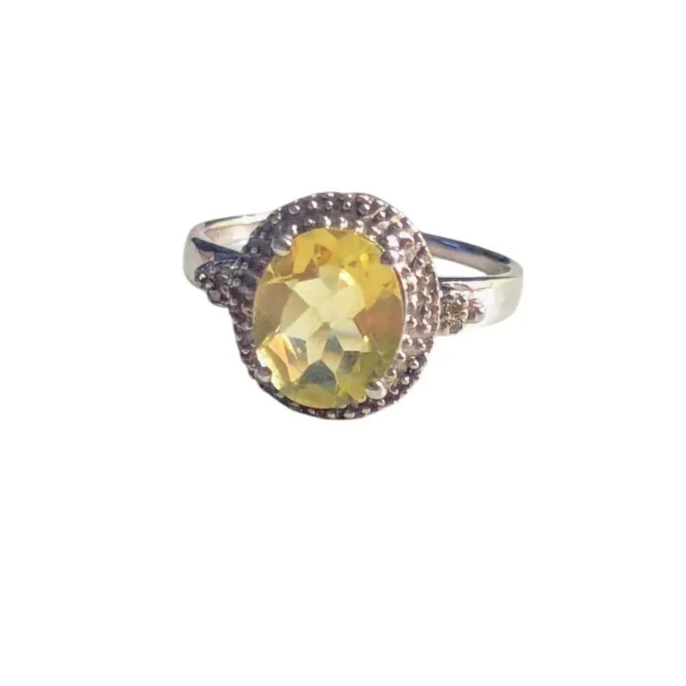 Solitaire Yellow Lemon Quartz Ring Raised‎ Rose Cut Faceted Silver 925 Chunky
